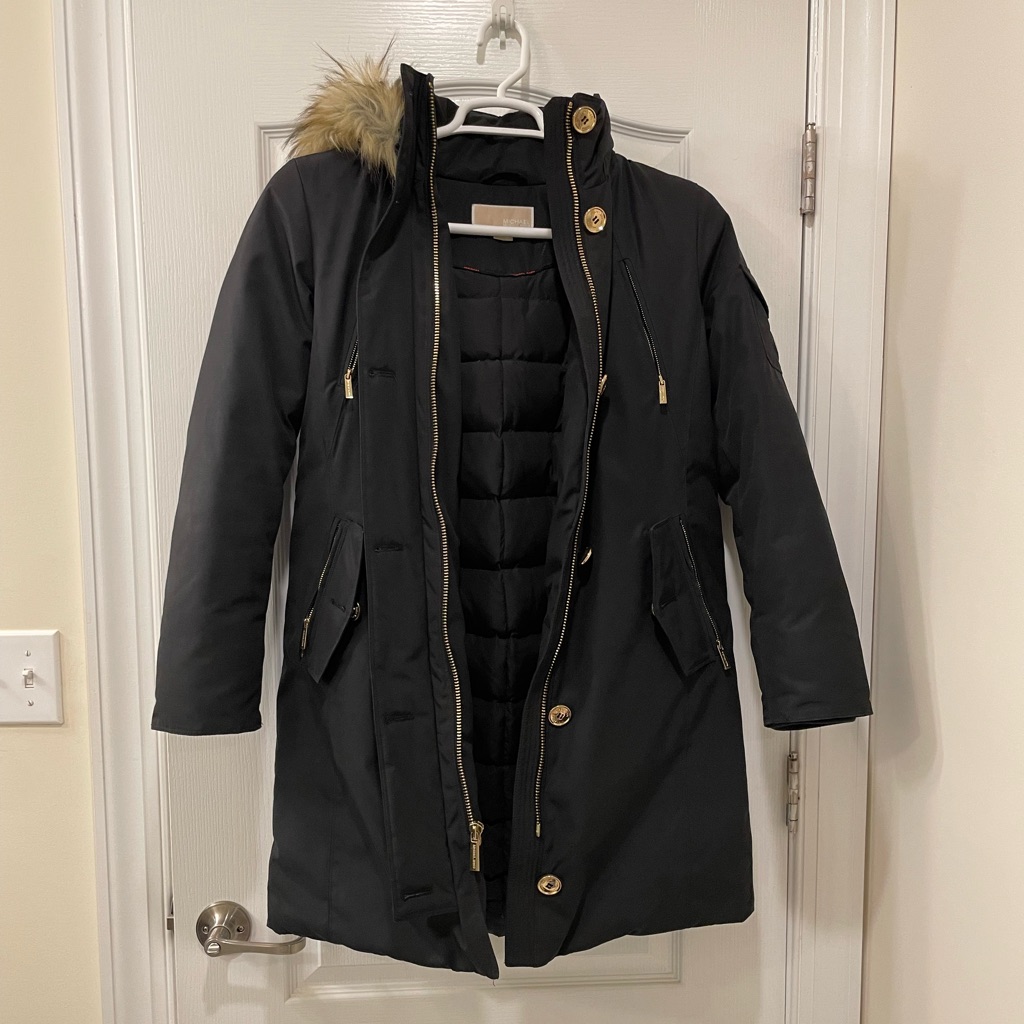 Michael Kors Black Parka With Detachable Faux Fur Lined Hood Size S